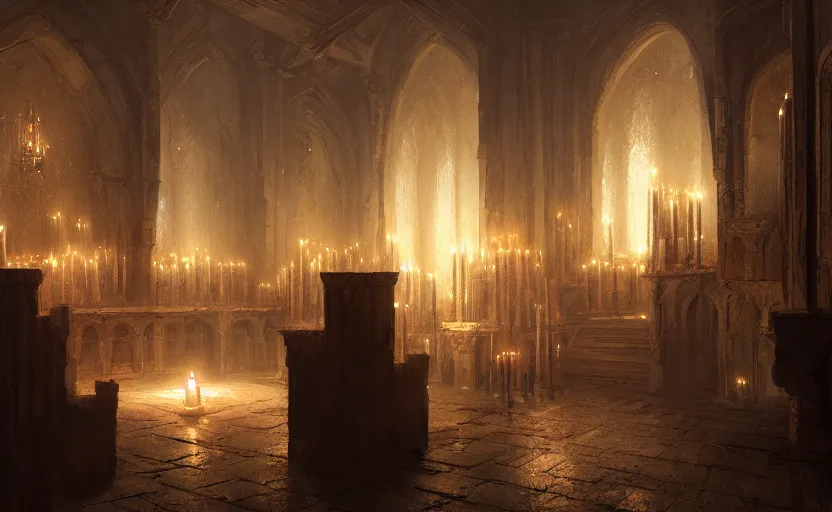 Prompt: painting of an interior medieval castle with candles by Greg Rutkowski and Craig Mullins, Dark cold atmospheric sad and cinematic lighting, Trending on artstation