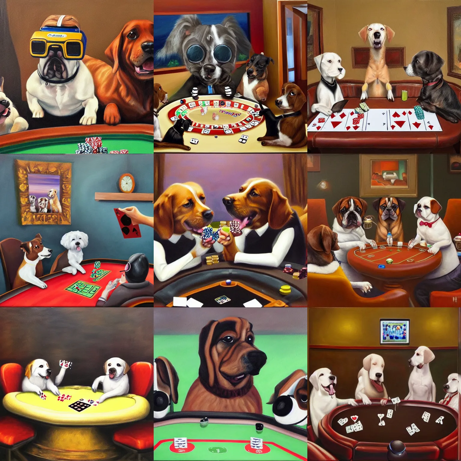 Prompt: dogs playing vr poker, oil painting