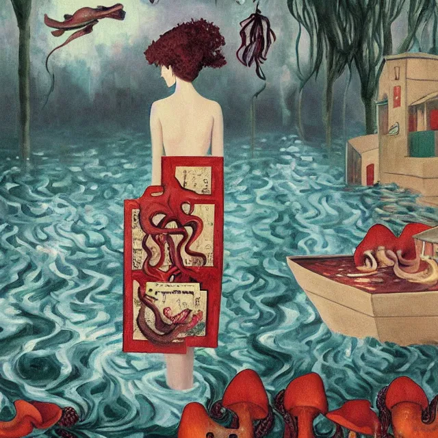 Image similar to tall female catgirl artist holding sheet music in her flooded apartment, pomegranates, octopus, water gushing from ceiling, painting of flood waters inside an artist's apartment, a river flooding indoors, mushrooms, ikebana, zen, rapids, waterfall, black swans, canoe, berries, acrylic on canvas, surrealist, by magritte and monet