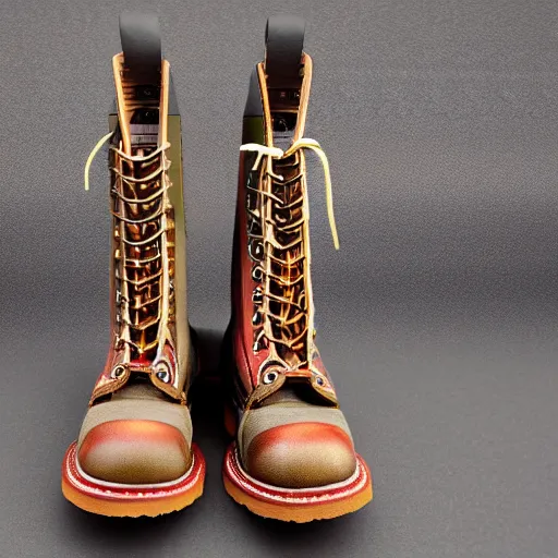 Image similar to hyper realistic complex 3 d vintage redwing 8 8 8 4 boots, camo, blender, lightning wide shot