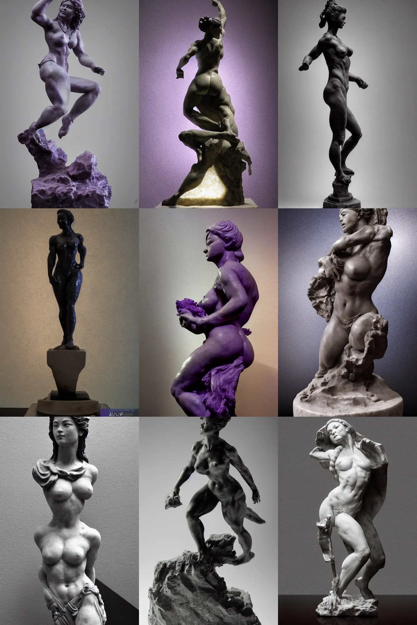 Prompt: awe - inspiring award - winning frank frazetta marble statue of keiko ageno in a room with tiled surfaces and a swimming pool, realistic, photo real, smooth, sharp, intricate detail, dramatic lighting, extremely moody purple lighting, glowing light and shadow, atmospheric, shadowy, cinematic, 8 k