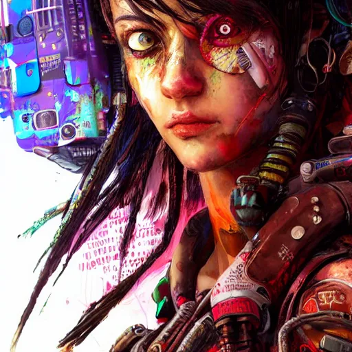 Prompt: highly detailed portrait of a post-cyberpunk south african young lady by Akihiko Yoshida, Greg Tocchini, 4k resolution, mad max inspired, wild neon color scheme with south african symbols and graffiti