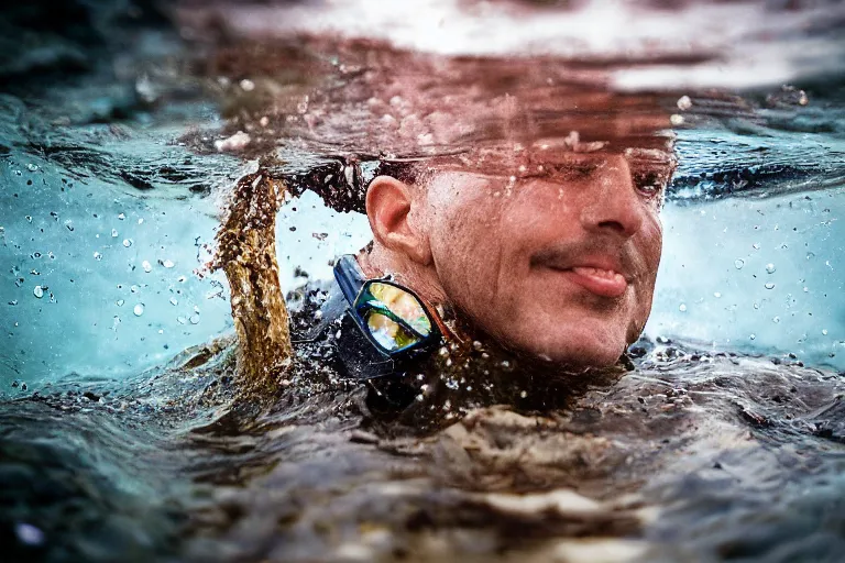Image similar to closeup potrait of a man snorkeling underwater in flooded amsterdam, photograph, natural light, sharp, detailed face, magazine, press, photo, Steve McCurry, David Lazar, Canon, Nikon, focus