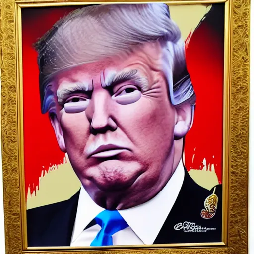 Prompt: NYTimes Official Donald Trump Presidential Portrait (2019) vandalized as someone painted a turd on his shoulder