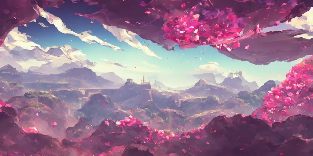 Image similar to background art of flying longswords flowing and floating through the slicing through directional wind on a simple cloudy sky background featuring a canyon bridge, big puffy clouds, large individual rose petals, lotus petals, angular background elements, large polygonal fragments, anime, studio ghibli, artgerm, manga, trending on artstation, art nouveau, mature color scheme