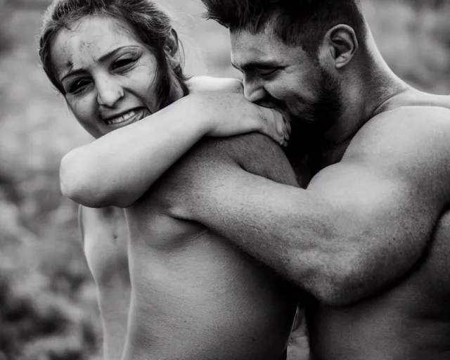 Image similar to Orc woman carrying human man in her arms, happy couple photograph