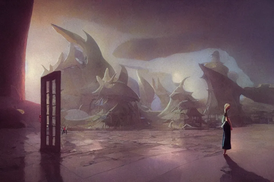 Prompt: atmospheric painting of a giant seashell house, a young girl stands outside, by moebius and john harris, atmospheric, concept art, saturation 8