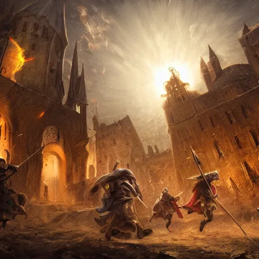 Image similar to meteor seconds before impact in a medieval town, foreboding, people running away, concept art, trending, high detail, high resolution, fantasy, knights