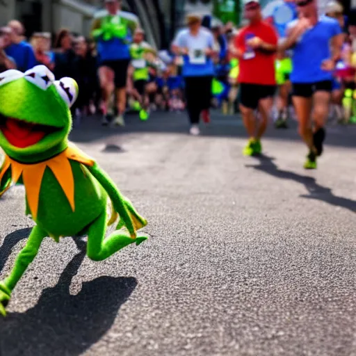 Prompt: Kermit the frog running a marathon photo 4k hd