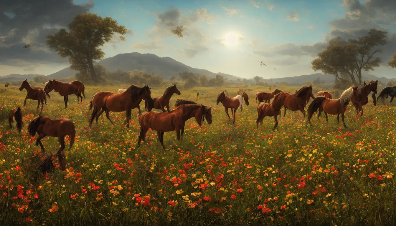 Image similar to An epic fantastic realism comic book style painting of the most beautiful flowers covering a herd of battling wild horses, fisheye lens, painted by the Hudson River school, unreal 5, DAZ, hyperrealistic, octane render, dynamic lighting