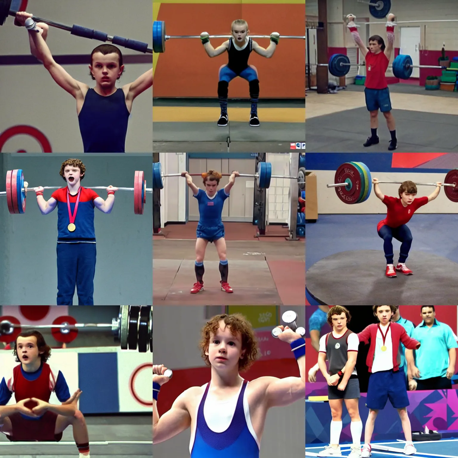 Prompt: Eleven from Stranger Things winning a gold medal at Olympic Weightlifting