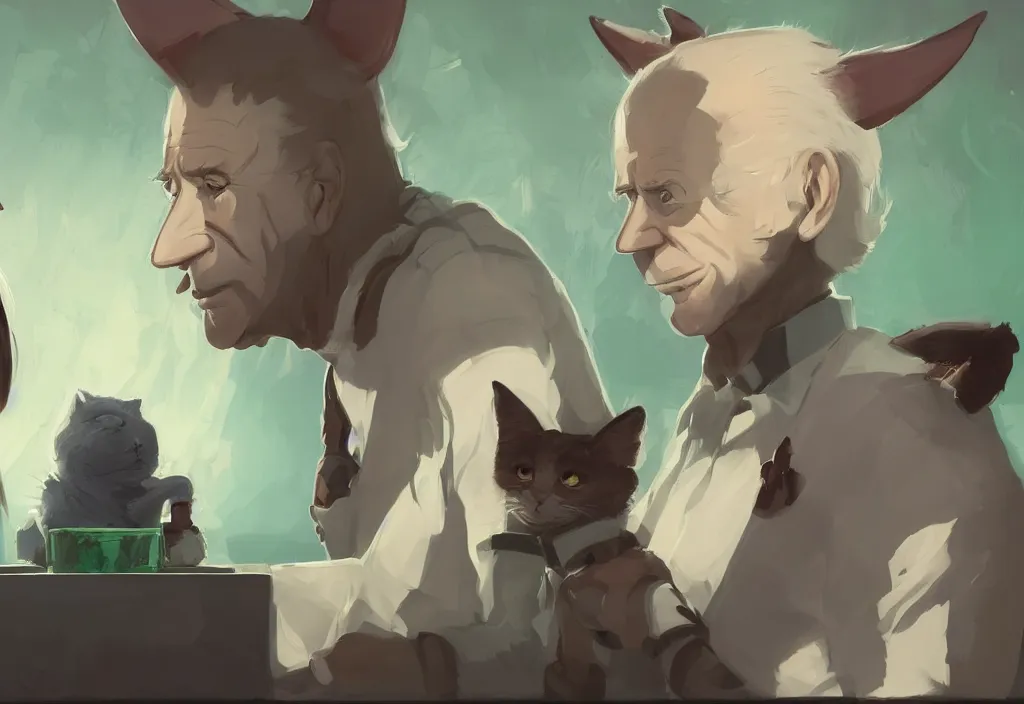 Prompt: portrait of joe biden talking with a cute catgirl, epic debates, presidental elections candidates, cnn, fox news, fantasy, by atey ghailan, by greg rutkowski, by greg tocchini, by james gilleard, by joe gb fenton, dynamic lighting, gradient light green, brown, blonde cream, salad and white colors in scheme, grunge aesthetic