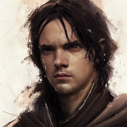 Image similar to portrait of a man by greg rutkowski, british features, messy black long hair, black robes, star wars expanded universe, he is about 2 0 years old, wearing jedi robes, highly detailed portrait, digital painting, artstation, concept art, smooth, sharp foccus ilustration, artstation hq