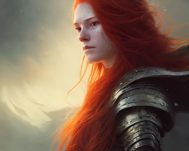 Image similar to highly detailed portrait of a warrior redhead woman, elden ring, stephen bliss, fantasy art by greg rutkowski, loish, rhads, ferdinand knab, makoto shinkai and lois van baarle, ilya kuvshinov, rossdraws, tom bagshaw, global illumination, radiant light, detailed and intricate environment