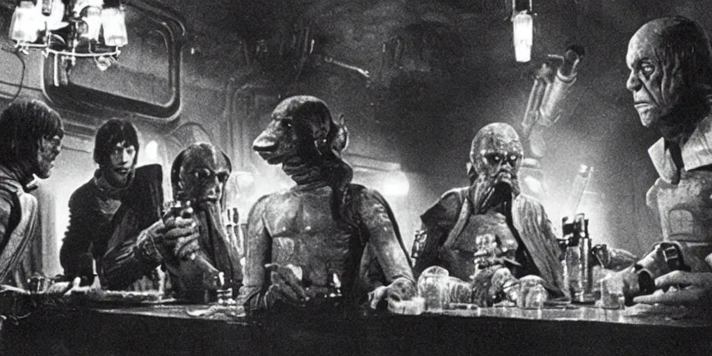 Image similar to a film still from two Mos Eisley cantina aliens having a drink in Star Wars (1977). dimly-lit tavern.