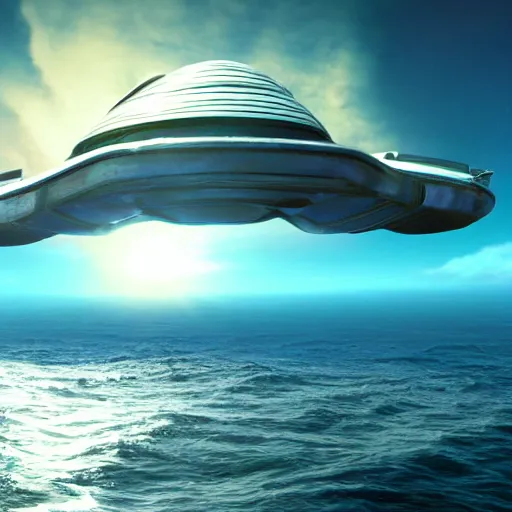 Prompt: vast ocean with giant spaceship hovering over the water highly detailed, photo realistic, immaculately detailed