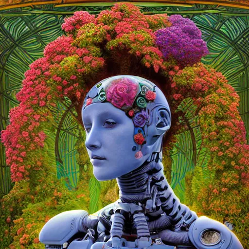 Image similar to A colorful, detailed print - A portrait of a robot with the top of its head composed of flowers and vines. by Arnold Bocklin and Barclay Shaw, masterful print. 4k, unreal engine stunning Art Nouveau