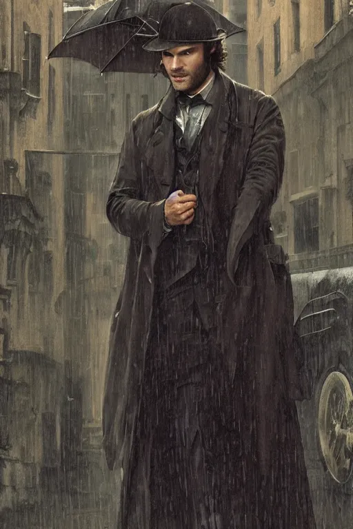 Image similar to a detailed matte portrait of jared padalecki in a supernatural sherlock holmes story, 1 8 th century london in the rain, city streets, ominous, masterpiece, 8 k, art by alphonse mucha and greg rutkowski