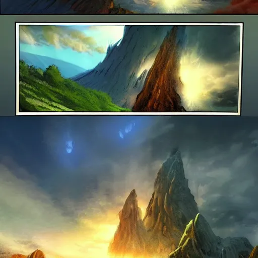 Image similar to bob ross comic book scene of an epic portal being exited by a god, cinematic, realistic, beautiful scenery, matte painting, highly detailed, octane render, unreal engine