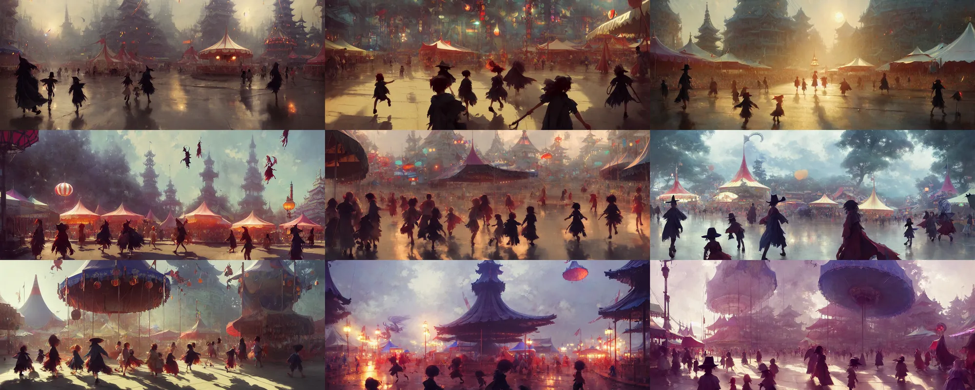 Image similar to young witches running around exploring small town carnival amusement, food stalls, big top circus tent, highly detailed, magical, japan, digital painting, concept art, matte, art by ruan jia and wlop and greg rutkowski and makoto shinkai, masterpiece