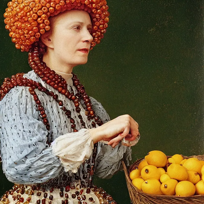 Prompt: a closeup portrait of a woman in a scuba helmet, wearing a dress made of beads, picking lemons in an orchard, color photograph, by jan van eyck, canon eos c 3 0 0, ƒ 1. 8, 3 5 mm, 8 k, medium - format print