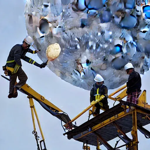 Image similar to two construction workers removing the moon from the sky