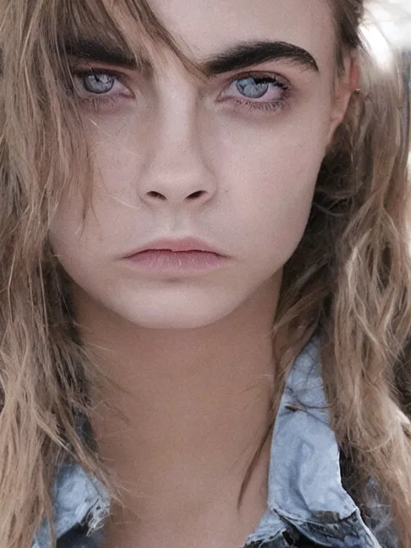 Image similar to hyperdetailed close shot of cara delevingne, winds of winter, with ripped crop t - shirt, fine - face, pretty face