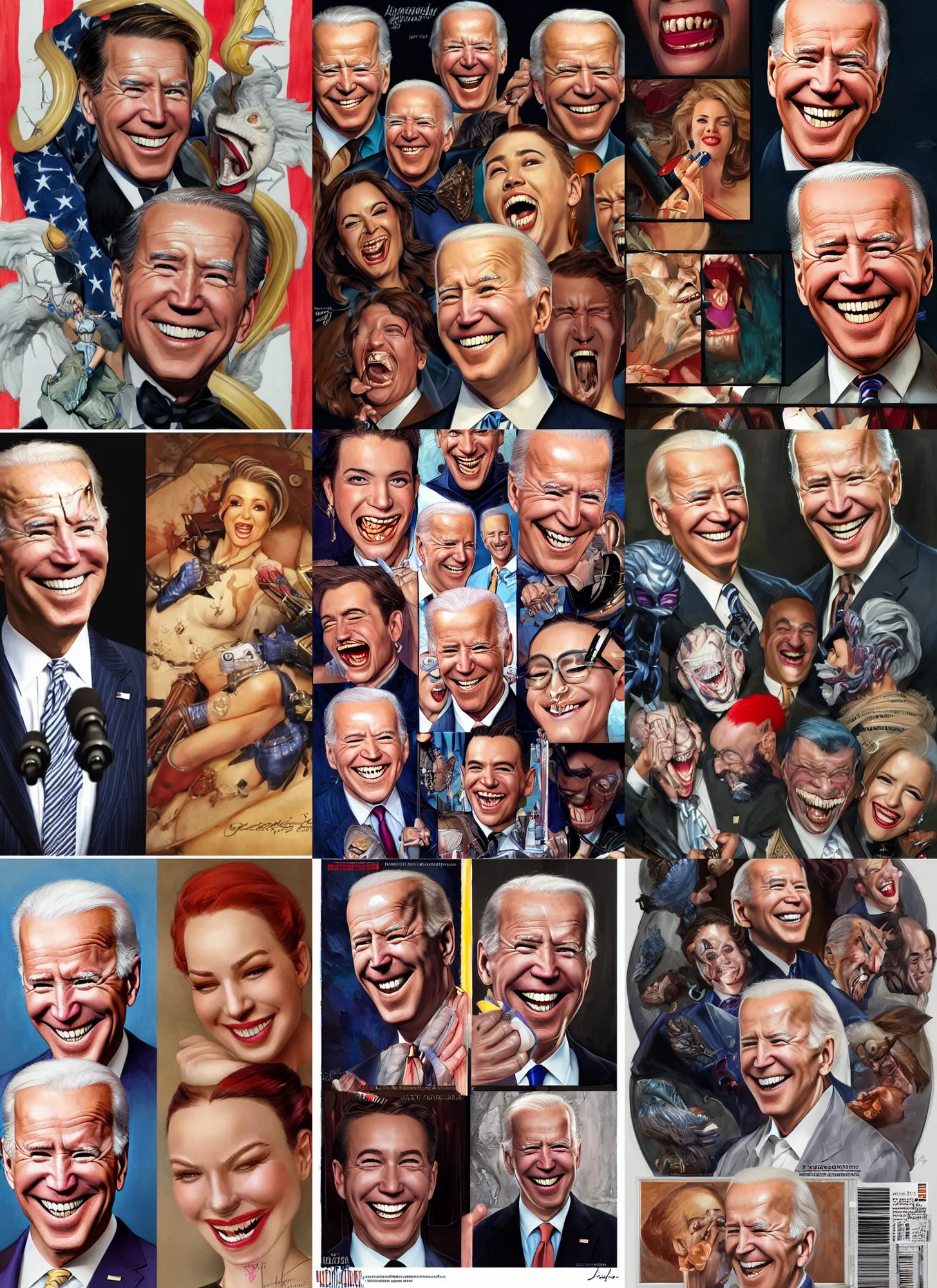 Prompt: makeup wearing Joe Biden laughing, Artgerm, Donato Giancola, Joseph Christian Leyendecker