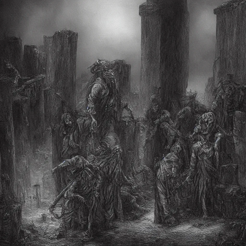 Image similar to nine steel barrels in a graveyard with 2 zombies, creepy atmosphere, dark, portrait, realistic, very realistic, illustration by gustave dore