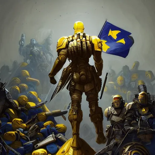 Image similar to a full body shot from distance from behind of a super soldier with a yellow and blue flag standing on a huge pile of skulls in triumph after battle, western, D&D, fantasy, intricate, elegant, highly detailed, digital painting, artstation, concept art, matte, sharp focus, symmetrical, illustration, art by Artgerm and Greg Rutkowski and Alphonse Mucha