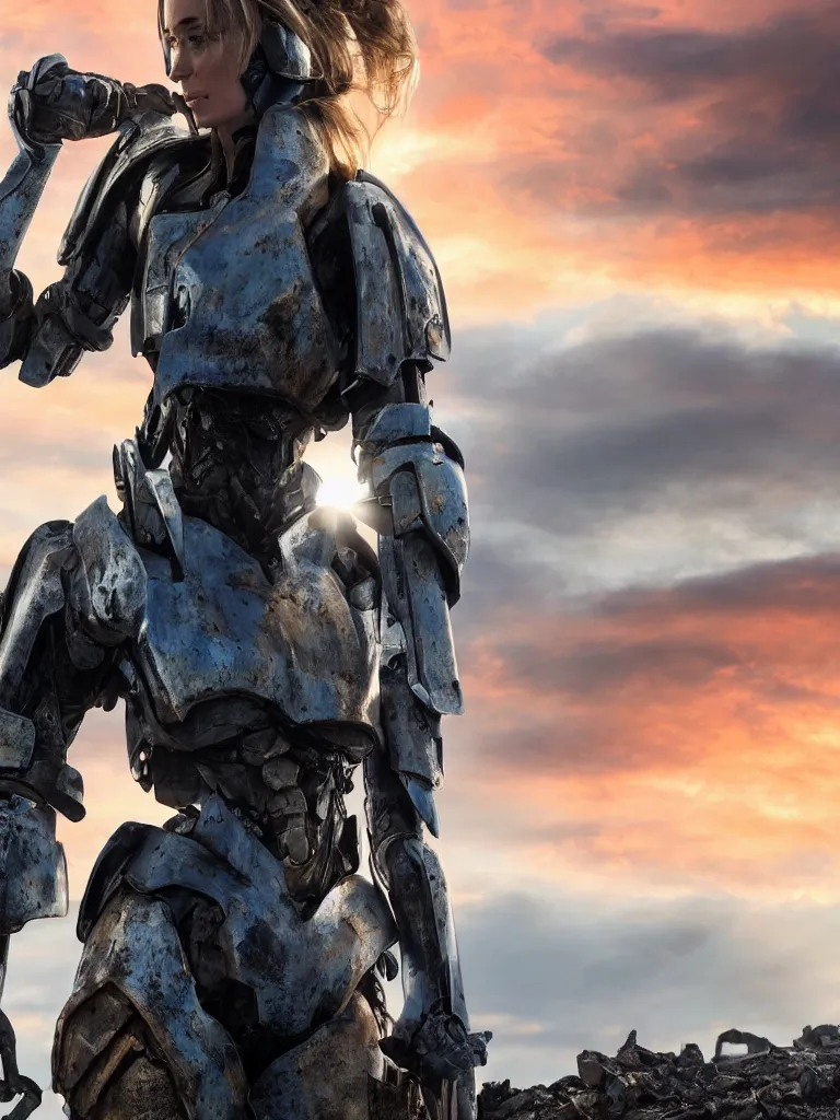 Image similar to emily blunt in futuristic power armor, close up portrait, solitary figure standing atop a pile of rubble, holding a sword on her shoulder, sunset and big clouds behind her