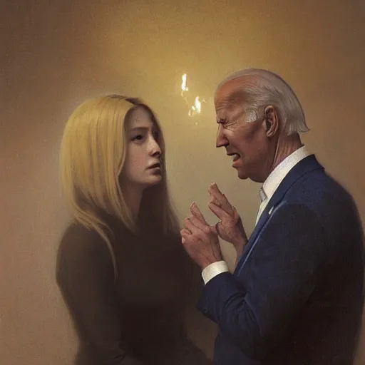 Image similar to Joe Biden sniffing a girls hair, intricate, highly detailed, fullbody, artstation, concept art, horror, conspiracy, demonic, smooth, sharp focus, illustration, art by greg rutkowski and orientalism and bouguereau and Zdzislaw Beksinski, good clear quality, lighting, biology, symmetrical artwork, perfect face, 135 mm, cinematic, hyper realism, high detail, octane render, 8k, chrome accents