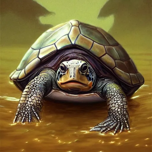 Image similar to cute pond turtle wearing a pope hat, D&D, fantasy, portrait, highly detailed, digital painting, trending on artstation, concept art, sharp focus, illustration, art by artgerm and greg rutkowski and magali villeneuve #pope francis #red ear slider turtle