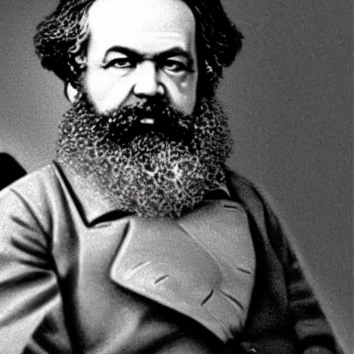 Prompt: Karl Marx sitting in front of a red background Soviet-realism