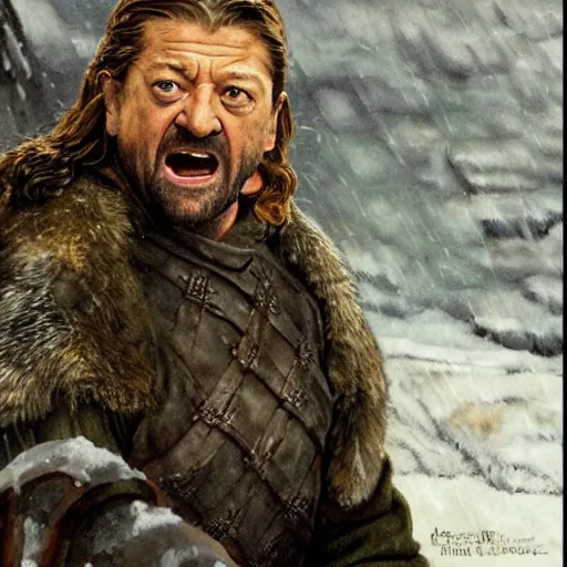 Prompt: ned stark screaming by norman rockwell