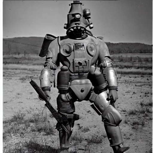 Image similar to war photography usa power armor 1 9 5 0 s