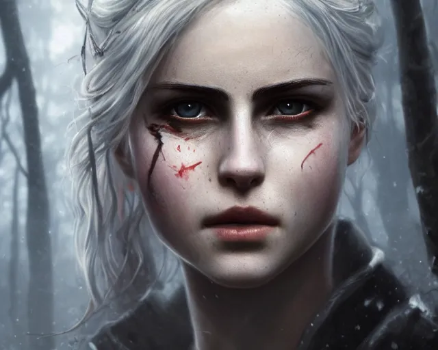 Image similar to 5 5 mm portrait photo of a real life tough looking battle hardened ciri with a thin face and a large scar across her left cheek, in a magical forest. dark atmosphere. art by greg rutkowski. highly detailed 8 k. intricate. lifelike. soft light. nikon d 8 5 0.