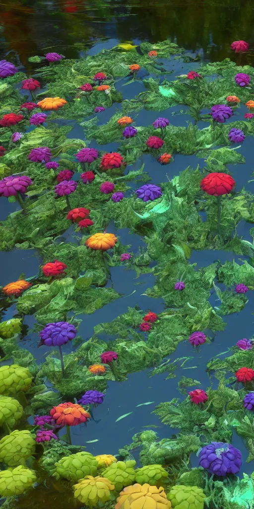 Prompt: alien flowers on a groovy biome warner bros, smooth, cinematic, wet reflections, ray tracing x, rtx, smooth