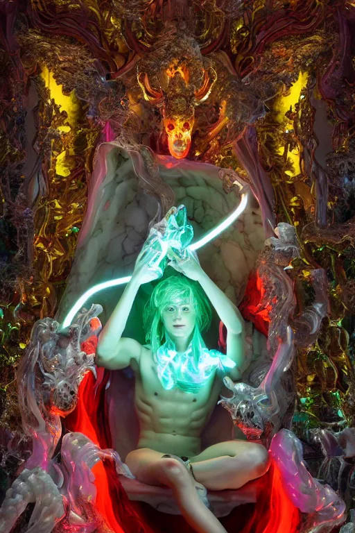 Prompt: photo of full - bodied rococo and cyberpunk delicate neon crystalline sculpture of seductive muscular onyx albino marble prince nick jonas green iridescent humanoid deity wearing red plastic hooded cloak holding an glass skull in a onyx dragon dungeon, reclining, glowing magenta face, crown of white diamonds, cinematic lighting, photorealistic, octane render 8 k depth of field 3 d