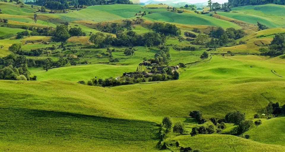 Image similar to verdant valley and rolling hills reminiscent of hobbiton, the lord of the rings