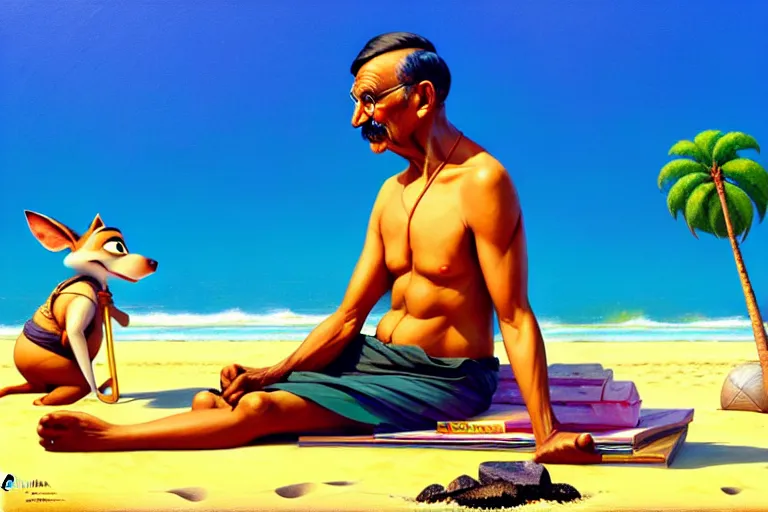 Image similar to gandhi at the beach, sitting on the sand next to a campfire, with palm trees in the back, by artgerm, ilya kuvshinov katsuhiro villeneuve, jeremy lipkin and michael garmash and rob rey, disney pixar zootopia, by tristan eaton, stanley artgermm, tom bagshaw, greg rutkowski, carne griffiths