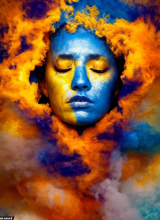 Image similar to full shot of a crying!!!! woman!!, covered in yellow and blue clouds, fiery, hurtful, shamanistic, cloudcore, by kim keever