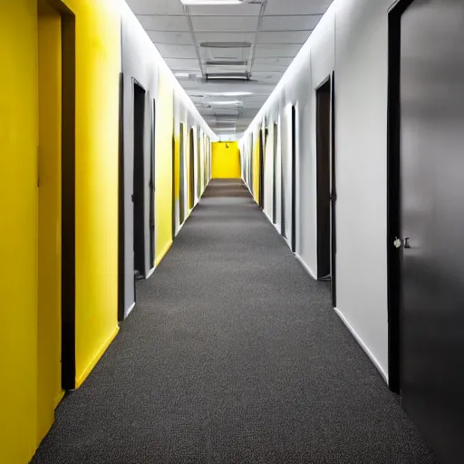 Image similar to a tall black skinny, intelligent and menacing monster is roaring from behind a wall in a cramped empty liminal office hallway with dull yellow wallpaper and old moist yellow carpet, tilted frame, intricate, fluorescent lighting lit from above, ultra 4 k, intricate, realistic