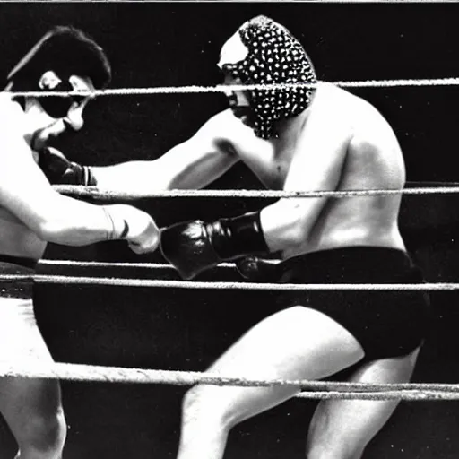 Prompt: george bush fighting sadam hussein in the mexican luchador wrestling ring