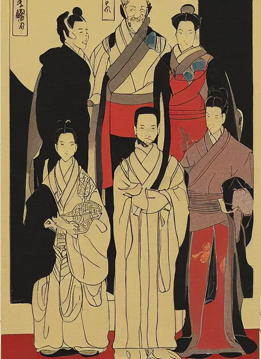 Prompt: family portrait of duke leto atreides lady jessica and prince paul atreides, dune, father mother and son, three figures, detailed, solemn, commanding, powerful, in the style of yamato - e, traditional japanese, tosa school, tosa mitsuoki, tosa mitsunobu, iwasa matabei.