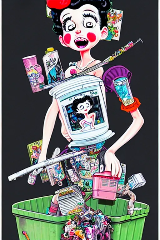 Prompt: full view, from a distance, of anthropomorphic trashcan who is betty boop, full of trash, style of yoshii chie and hikari shimoda and martine johanna, highly detailed