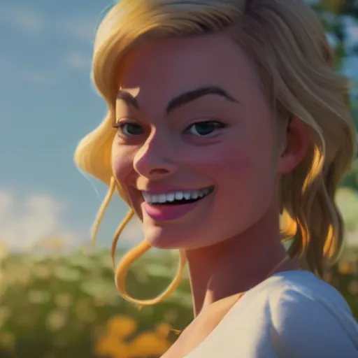 Image similar to a wholesome animation key shot of margot robbie, close up, studio ghibli, pixar and disney animation, sharp, rendered in unreal engine 5, clear sky, anime key art by greg rutkowski, bloom, dramatic lighting