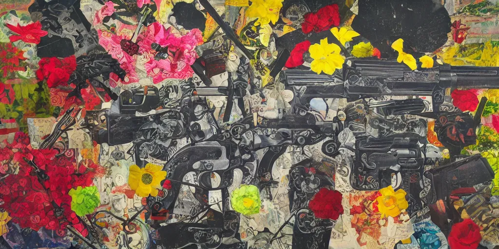 Prompt: guns and flowers, collage, acrylic on canvas, expressionism movement, breathtaking detailed, by blake neubert
