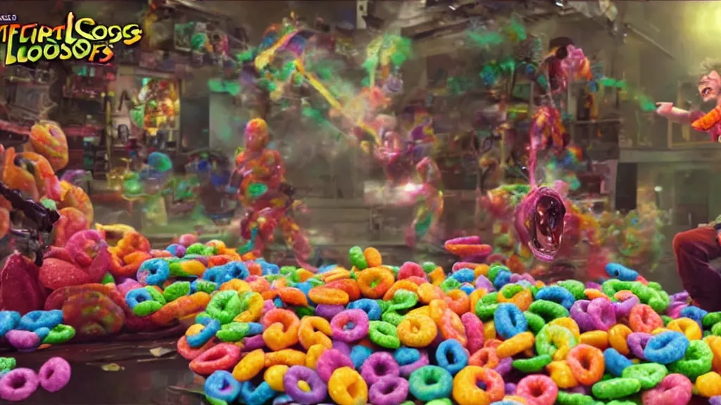 Image similar to film still of the Fruit Loops surreal action movie. amazing cgi