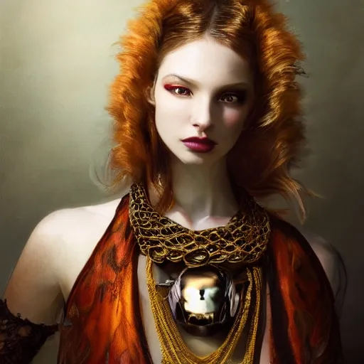 Prompt: A masterpiece portrait of a Incredibly beautiful futuristic high fashion queer model girl with A large luxurious Victorian amber skull necklace. Rococo silk and lace dress. trending on artstation, digital art, by Stanley Artgerm Lau, WLOP, Rossdraws, James Jean, Andrei Riabovitchev, Marc Simonetti, Yoshitaka Amano